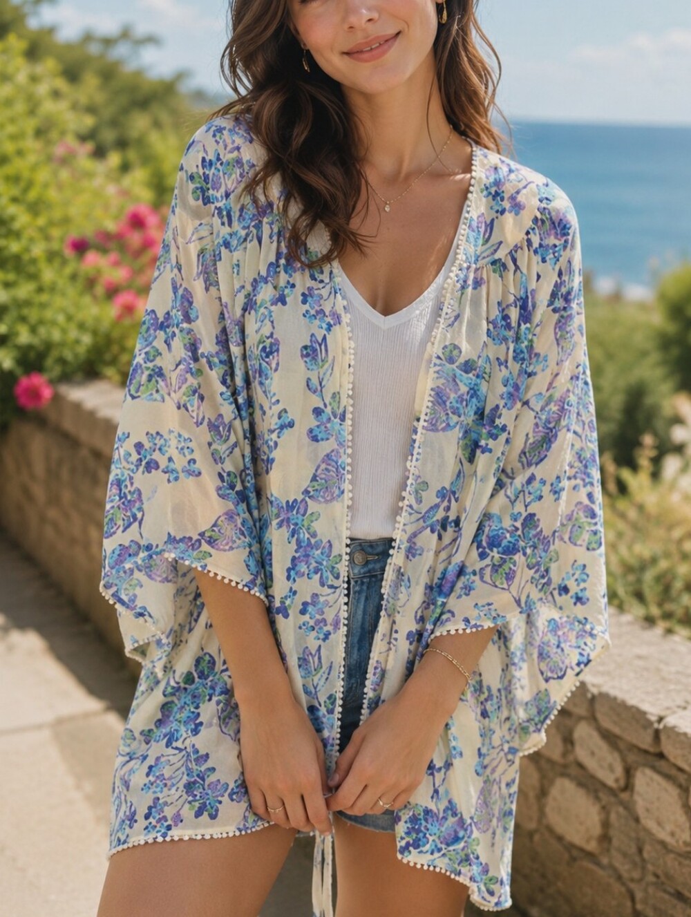Forever 21 Cream Floral Kimono Blue Lavender Print Open Front Boho Beachy